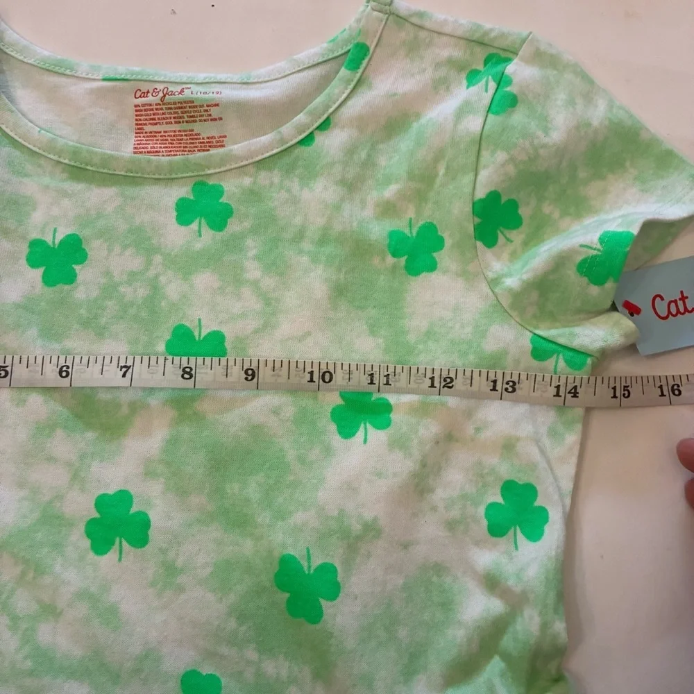 Cat & Jack Girls Green Shamrock Short  Sleeves Pocket Babydoll Style Dress Sz L